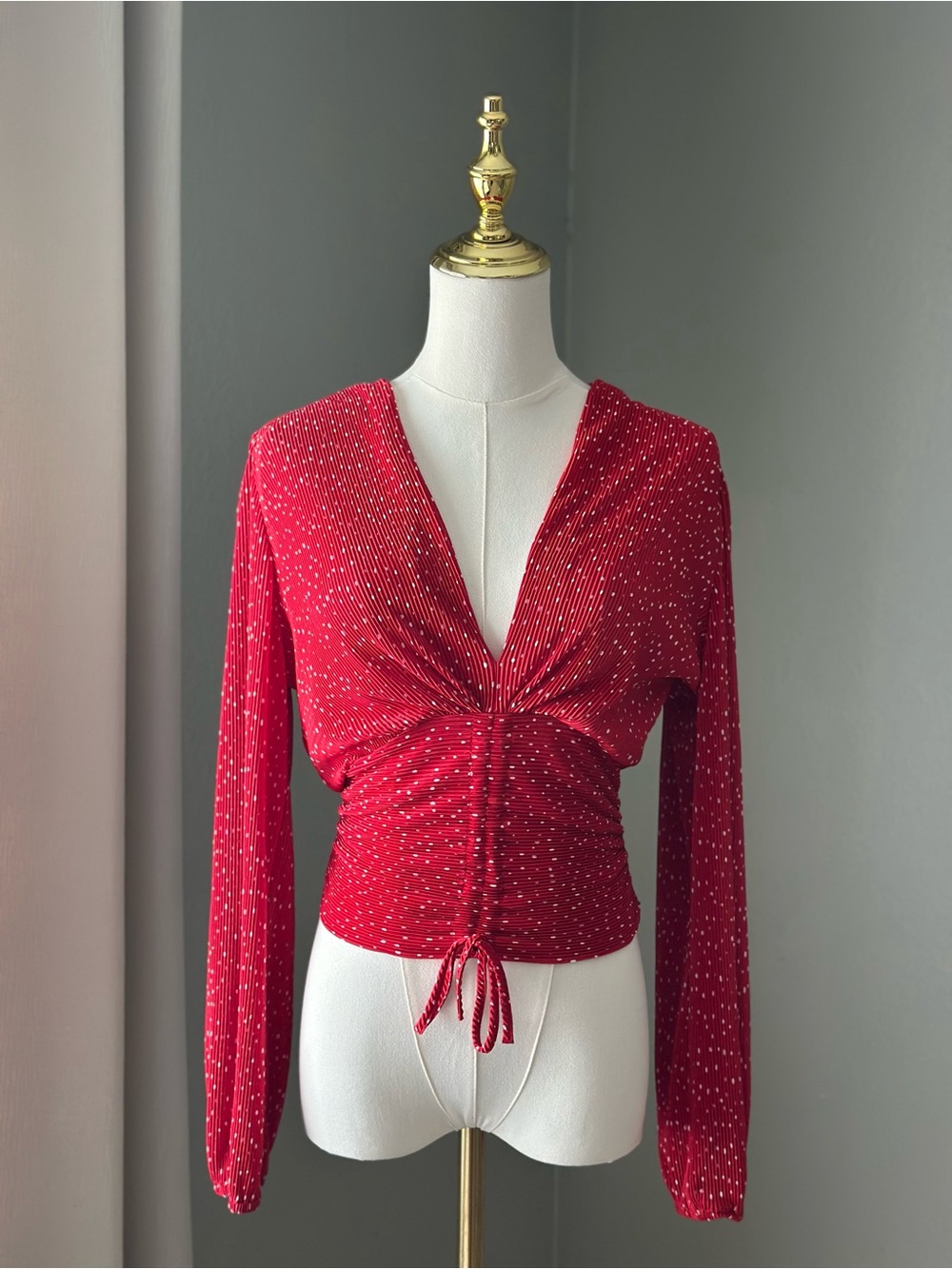 Maje Red Pleated Polka Dot Ruched Long Sleeve V-Neck Top Blouse Size 1 (Small)